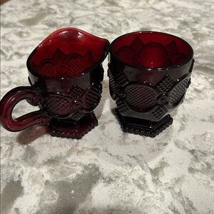 Vintage Red Glass Creamer and Sugar Bowl. Avon-The 1876 Cape Cod Collection